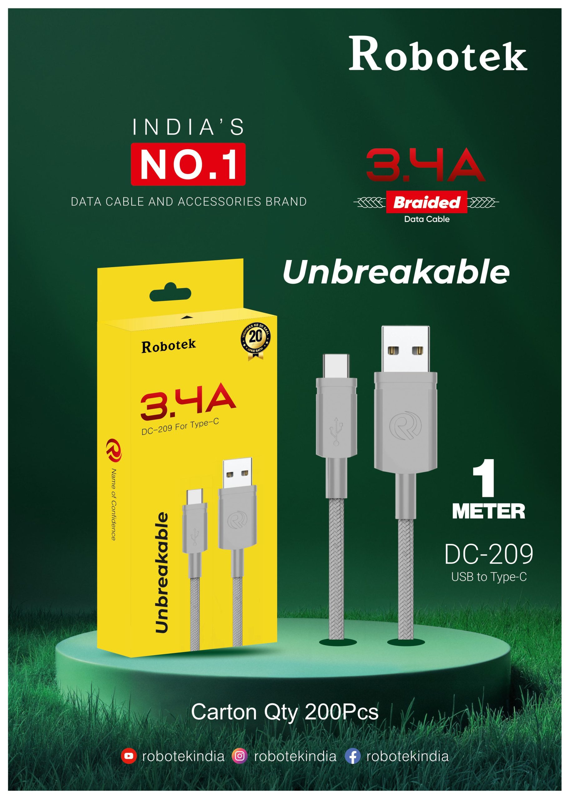 Robotek DC-209 TYPE-C Cable - 15W Fast Charging, 1m, Super Durable, Nylon Braided